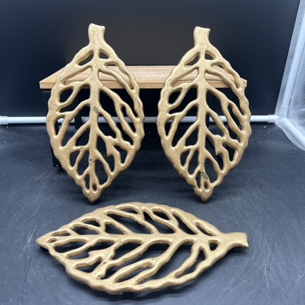 3 Vintage Brass Leaf Trivets Hot Stove Plate Kitchen Decor